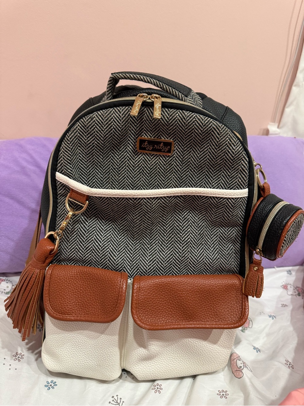 Itzy Ritzy Black Herringbone with Brown and White Convertible Backpack